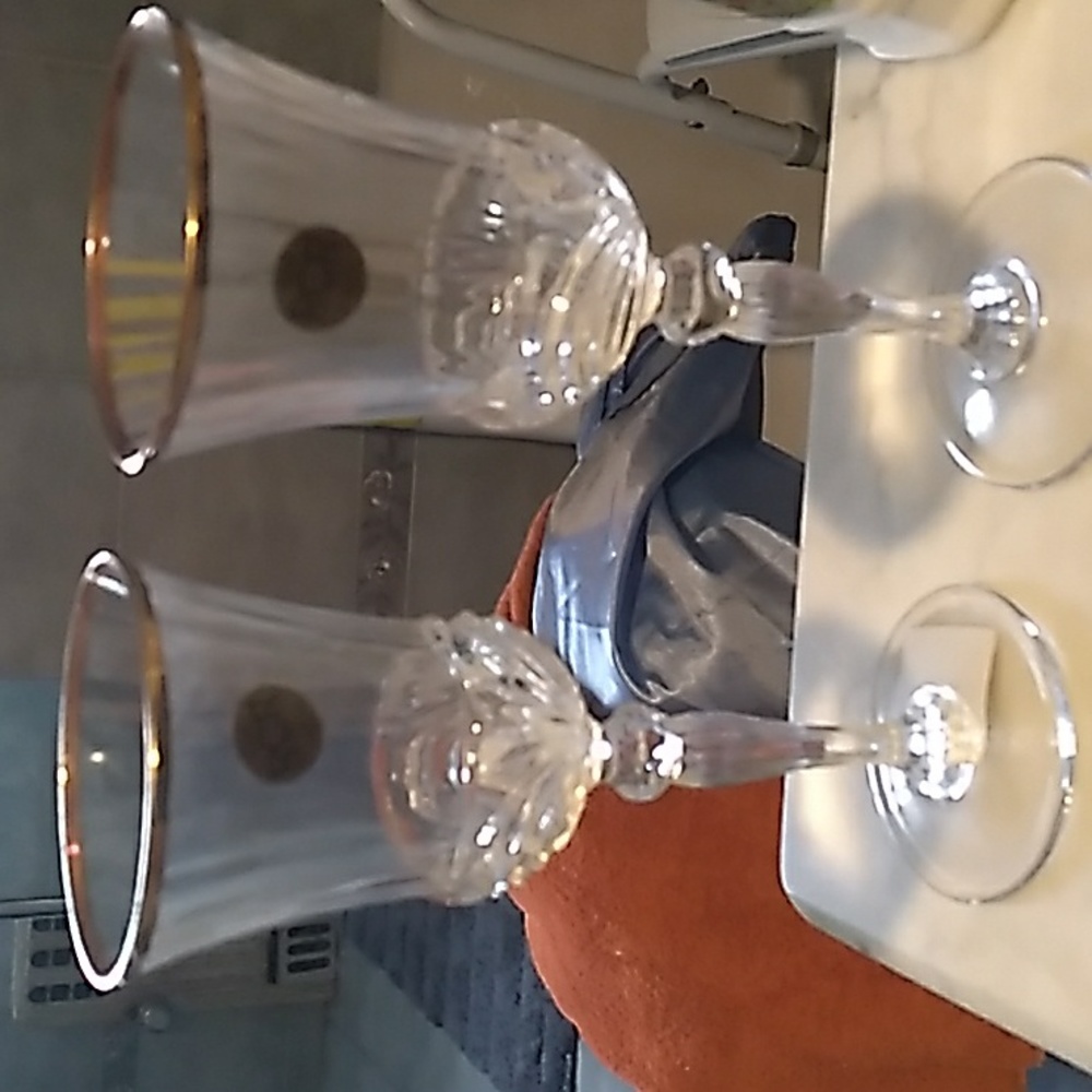 Gorgeous 2 Royal crystal rock tall wine gold trim stem glasses